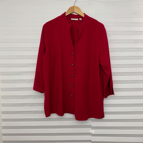 Susan Graver Tops - Susan Graver Red Button Front Tunic Top Mandarin Collar 3/4 Sleeve Womens XL‎